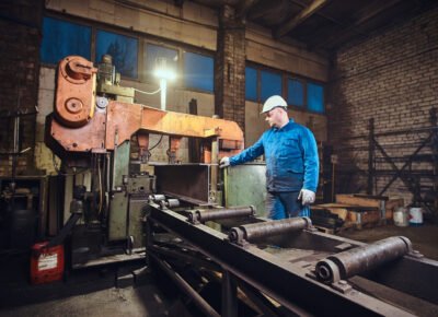 Worker is controlling a process of rail cutting at busy metal factory.