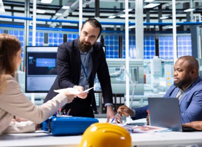 Factory manager giving paperwork files to investors reviewing financial statements before signing deal. Industrial plant management executive offering compliance records to shareholders